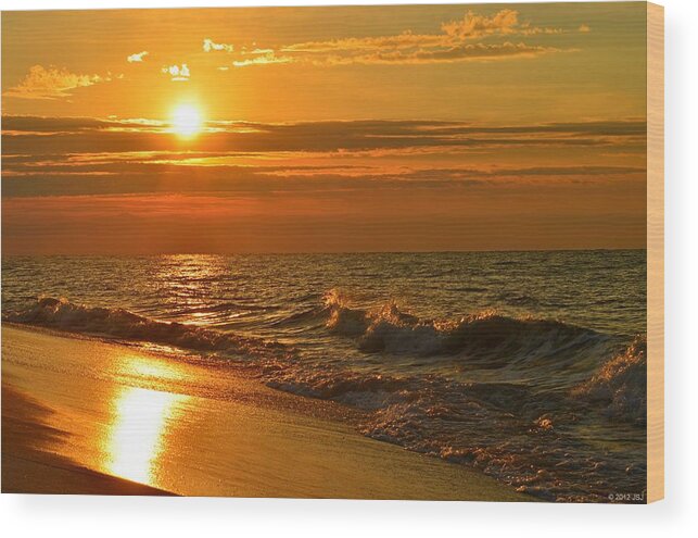 Golden Wood Print featuring the photograph Golden Sunrise Colors with Waves and Horizon Clouds on Navarre Beach by Jeff at JSJ Photography