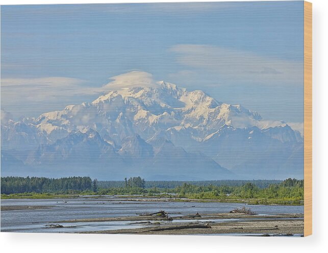 Alaska Wood Print featuring the photograph Great Denali over the River by Betty Eich