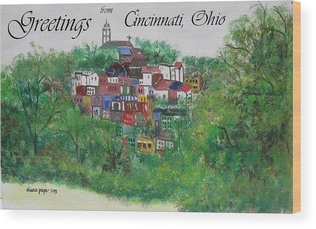 Mt. Adams Wood Print featuring the painting Greetings from Cincinnati Ohio by Diane Pape