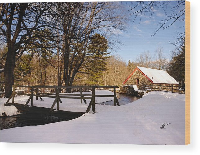 Grist Mill Wood Print featuring the photograph Grist Mill Stream at Christmas - Greeting Card by Mark Valentine