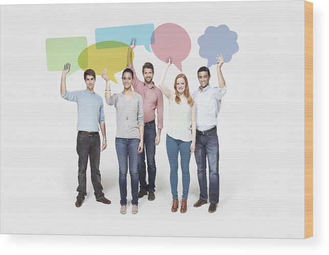 Mid Adult Women Wood Print featuring the photograph Group of people holding individual speech bubbles. by Ezra Bailey