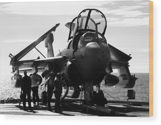 Grumman Ea-6b Prowler Uss Kitty Hawk Navy Aircraft Carrier Jet Airplane Warplane Aeroplane Wood Print featuring the photograph Grumman EA-6B Prowler B-W by Tim Beach