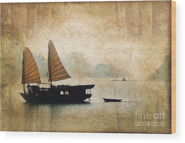 Vietnam Wood Print featuring the photograph Halong Bay vintage by Delphimages Photo Creations
