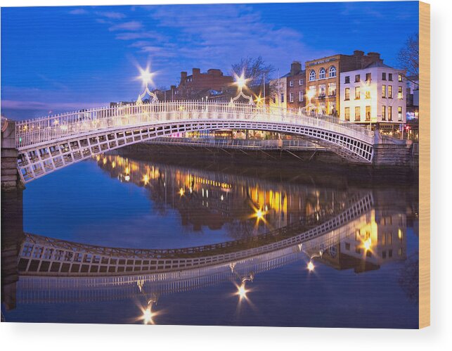 Ha'penny Bridge Wood Print featuring the photograph Ha'penny Bridge Reflection at Night - Dublin by Barry O Carroll