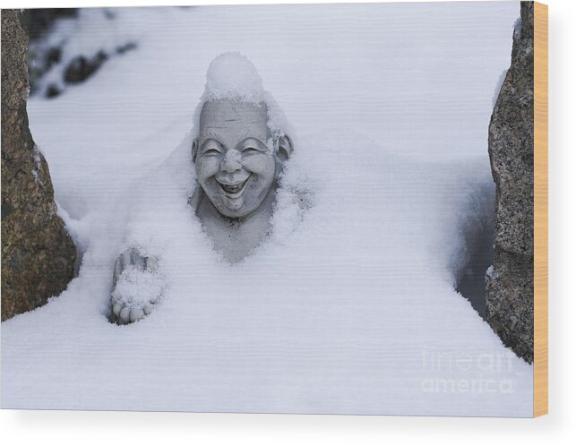 Buddha Wood Print featuring the photograph Happy Buddha in Snow by Steven Ralser