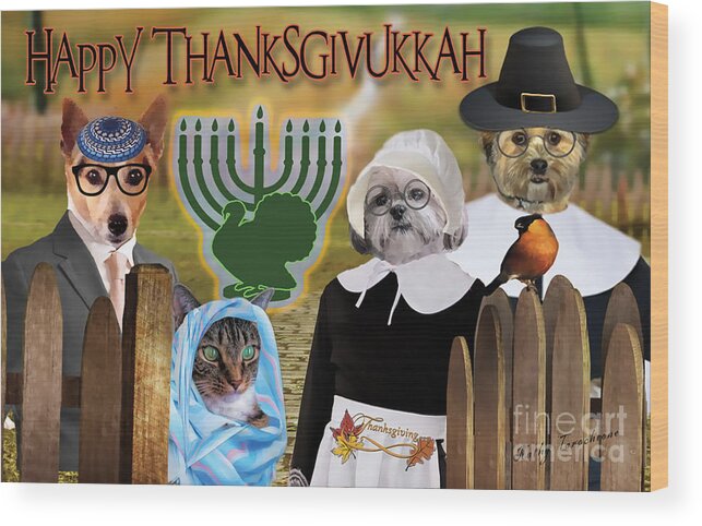 Canine Thanksgiving Wood Print featuring the digital art Happy Thanksgivukkah -1 by Kathy Tarochione