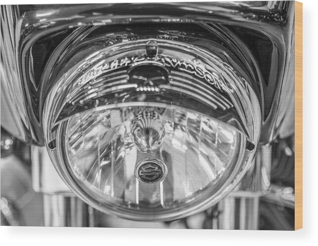 Harley Wood Print featuring the photograph Harley Davidson Headlight Black and White by John McGraw
