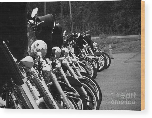 Jim Lepard Wood Print featuring the photograph Harleys all in a row by Jim Lepard