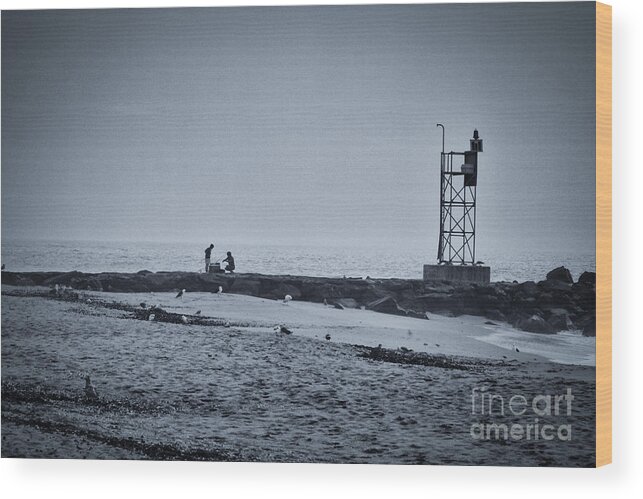 Black White Wood Print featuring the photograph HDR black white beach ocean HDR romantic fishing photo picture photography art gallery pic photos by Al Nolan