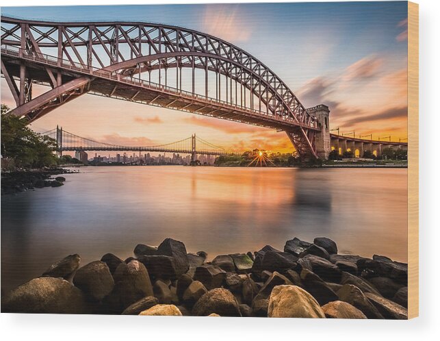 Hell Gate Wood Print featuring the photograph Hell Gate and Triboro bridge at sunset by Mihai Andritoiu