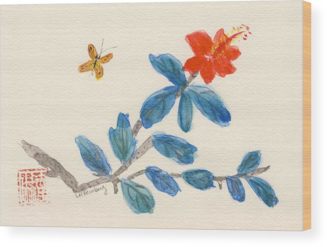 Flowers Wood Print featuring the painting Hibiscus with Butterfly by Linda Feinberg