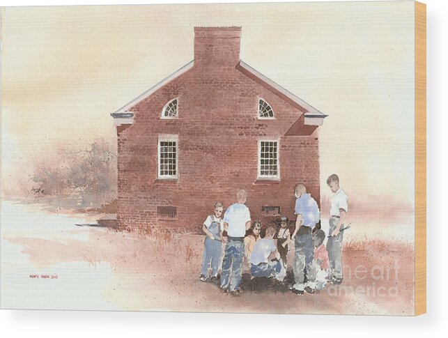 It Is Lunch Hour At The Historic Tidal Schoolhouse Near Drumright Wood Print featuring the painting High Noon Shootout At The Tidal School by Monte Toon