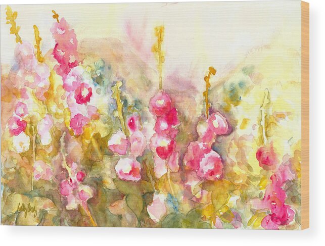 Hollyhocks Wood Print featuring the painting Hollyhocks by Kelly Perez
