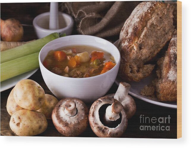 Soup Wood Print featuring the photograph Home made soup and bread by Simon Bratt