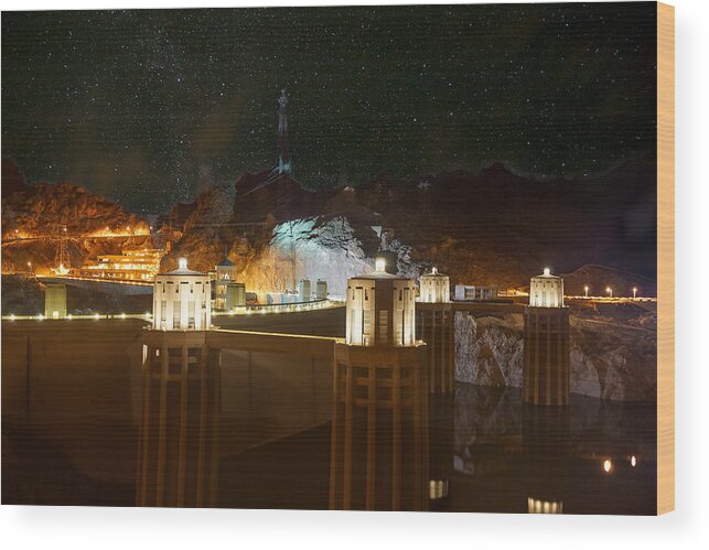 Hoover Dam Wood Print featuring the photograph Hoover dam under stars by Chris Bordeleau