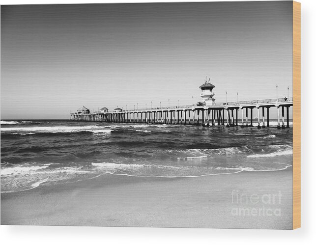 America Wood Print featuring the photograph Huntington Beach Pier Black and White Picture by Paul Velgos