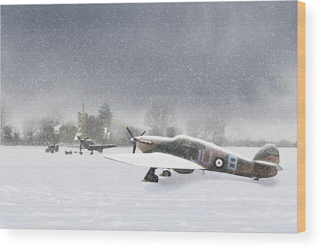 Hawker Hurricane Wood Print featuring the photograph Hurricanes in the snow with church by Gary Eason