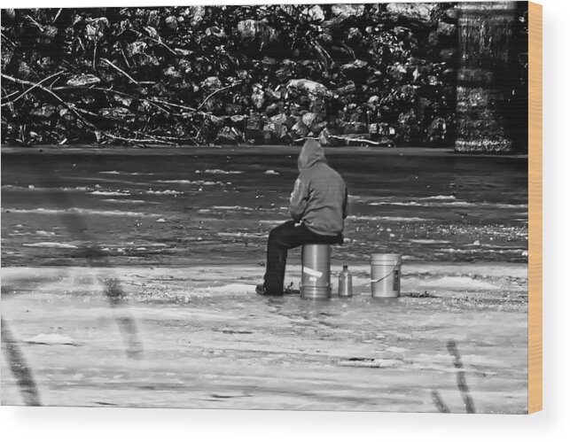 Ice Fish Fishing Winter Black White Minnesota Wisconsin River Cold Ice Freeze Frozen Outdoor Sport Bucket Art Rocks Wall Decorate Frame Canvas Stage Real Estate Sell Staging Wood Print featuring the photograph Ice fishing by Tom Gort