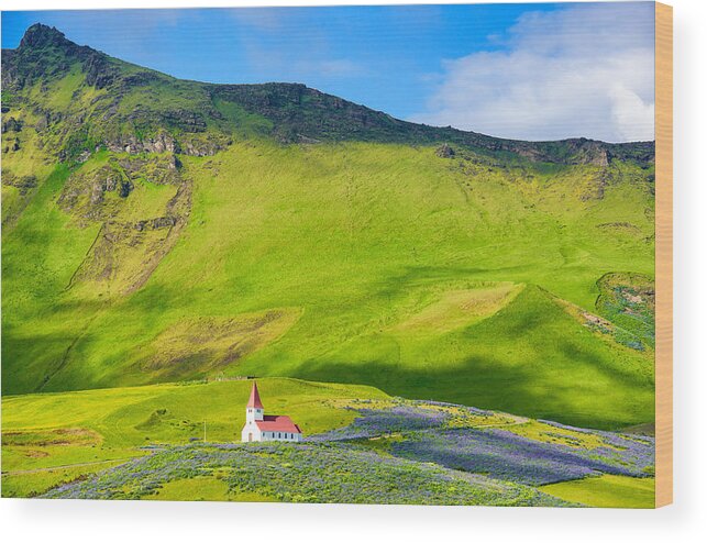 Vik Wood Print featuring the photograph Iceland mountain landscape with church in Vik by Matthias Hauser