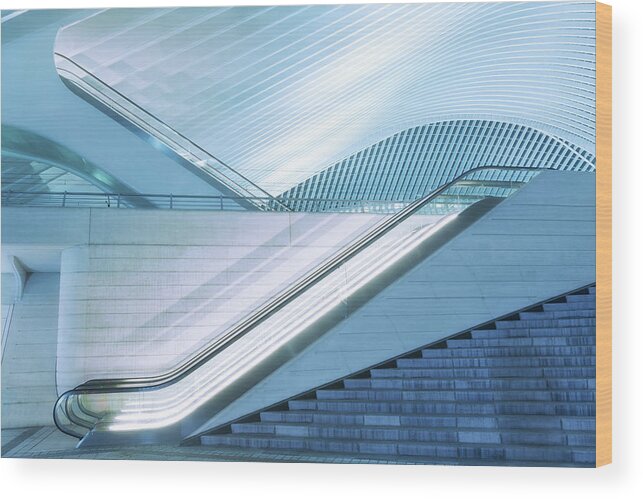 Steps Wood Print featuring the photograph Illuminated Escalator Outside by B&m Noskowski