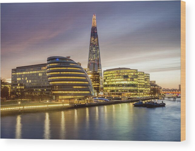 Gla Building Wood Print featuring the photograph Illuminated London City And River by Mlenny