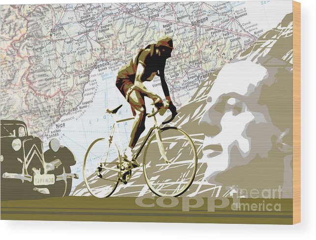 Coppi Vintage Map Cycling Wood Print featuring the digital art Illustration print Giro de Italia Coppi vintage map cycling by Sassan Filsoof