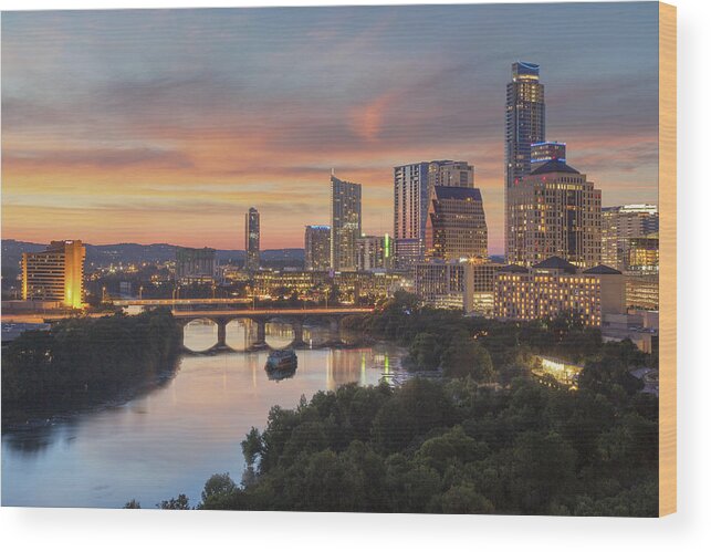 Austin Skyline Images Wood Print featuring the photograph The Austin Skyline on a Summer Evening 1 by Rob Greebon
