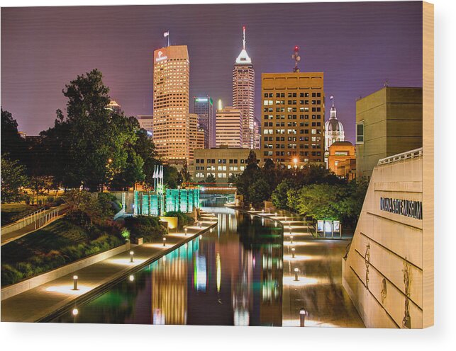 America Usa Wood Print featuring the photograph Indianapolis Skyline - Canal Walk Bridge View by Gregory Ballos