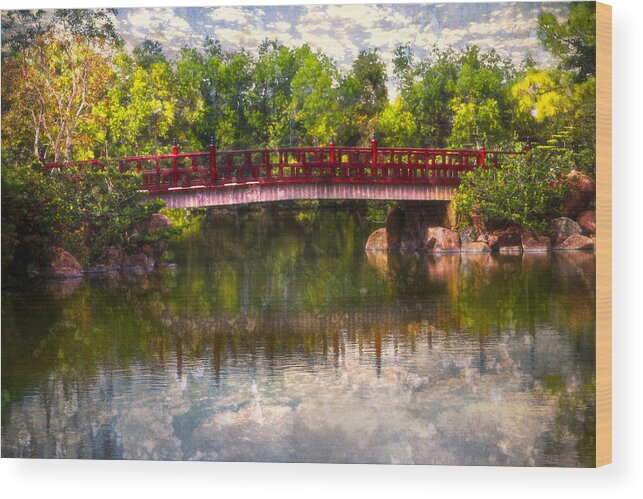 Clouds Wood Print featuring the photograph Japanese Gardens Bridge by Debra and Dave Vanderlaan