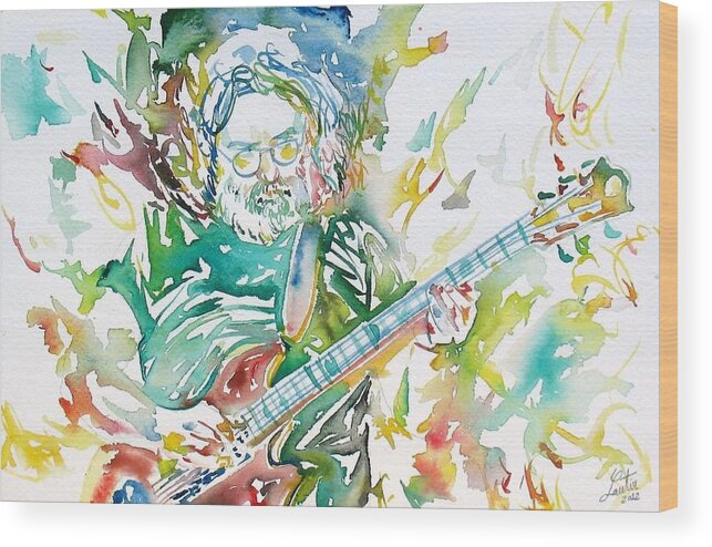 Jerry Wood Print featuring the painting JERRY GARCIA PLAYING the GUITAR watercolor portrait.1 by Fabrizio Cassetta