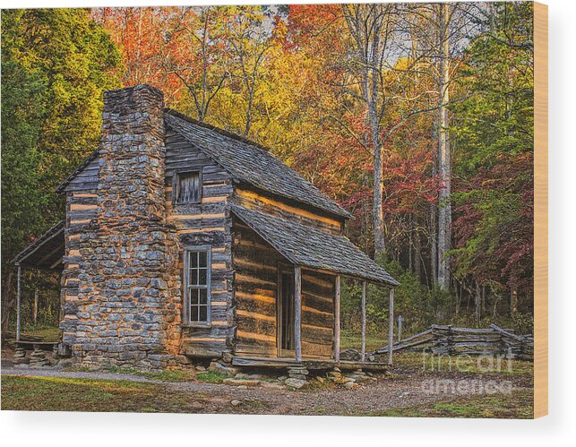 John Oliver's Cabin In Great Smoky Mountains Wood Print featuring the photograph John Oliver's Cabin in Great Smoky Mountains by Priscilla Burgers