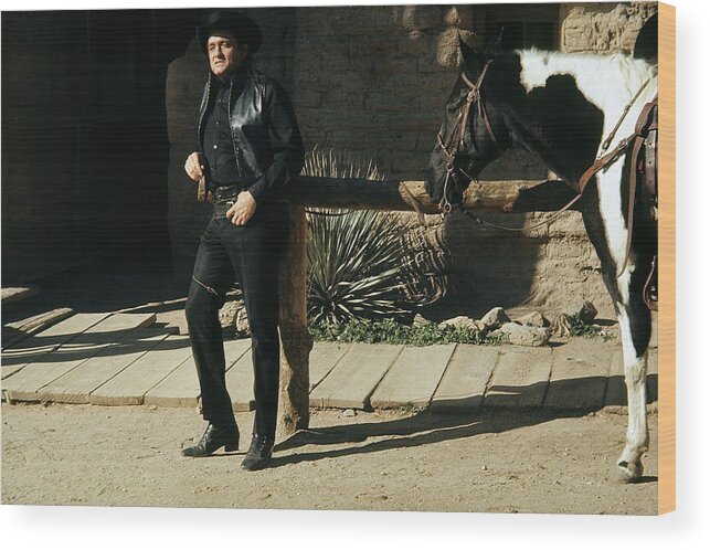 Johnny Cash Horse Railing Old Tucson Az A Gunfight Wood Print featuring the photograph Johnny Cash horse Old Tucson Arizona 1971 by David Lee Guss
