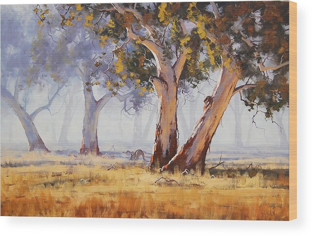 Eucalyptus Trees Wood Print featuring the painting Kangaroo Grazing by Graham Gercken