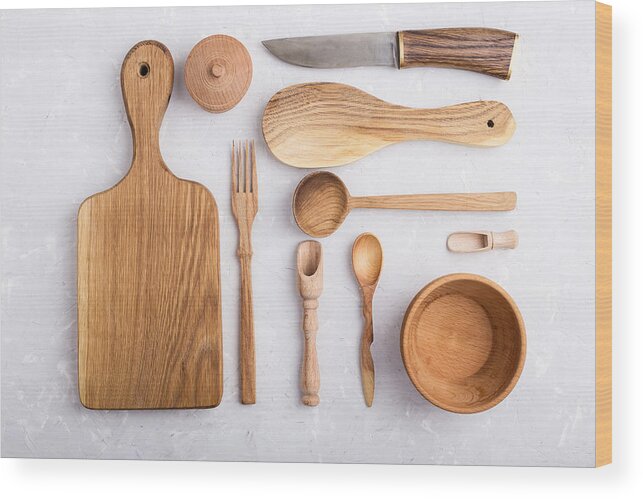 Spoon Wood Print featuring the photograph Kitchen utensils knolling style by Istetiana