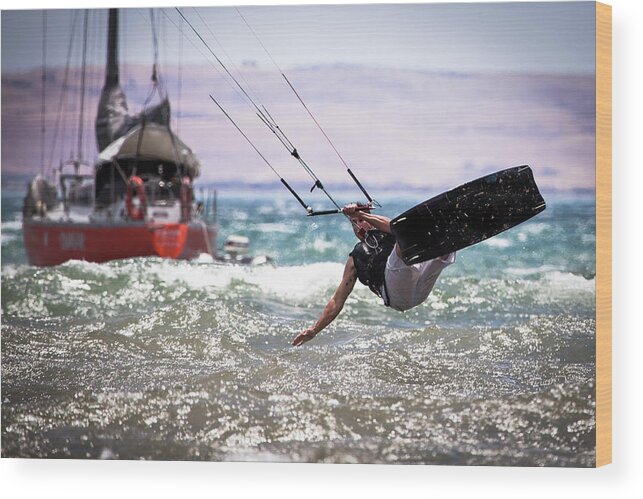 Expertise Wood Print featuring the photograph Kite Board Action by Ann Clarke Images