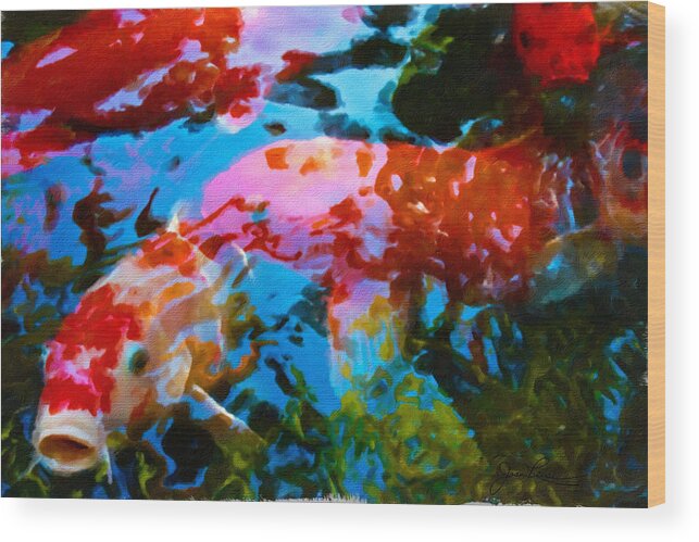 Koi Fish In Pond Wood Print featuring the painting Koi Fish by Joan Reese