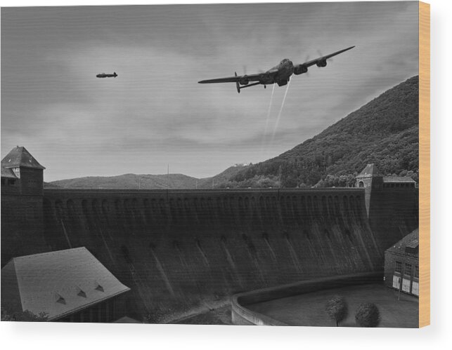 Dambusters Wood Print featuring the digital art L for Leather over the Eder Dam black and white version by Gary Eason