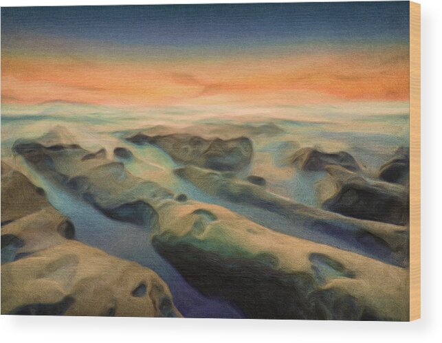 Sunset Texture Seascape Painting Photography Tide Pools Wood Print featuring the mixed media La Jolla Reimagined by Joel Olives