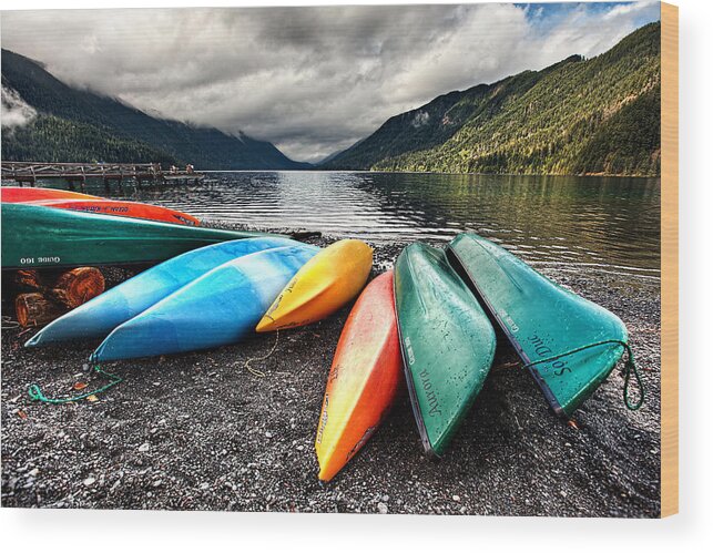 Canoes Wood Print featuring the photograph Lake Crescent Kayaks by Ian Good