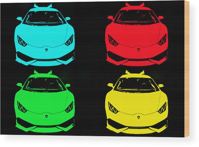 Lambo Lamborghini Supercar Teen Kids Auto Racecar Car Sportscar Italy Italian Fast Huricana Race Car Fast Art Wood Print featuring the photograph Lambo Pop Art by Culture Cruxxx