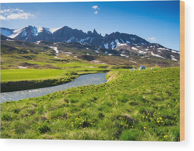 Iceland Wood Print featuring the photograph Landscape with green meadow river and mountains in North Iceland by Matthias Hauser