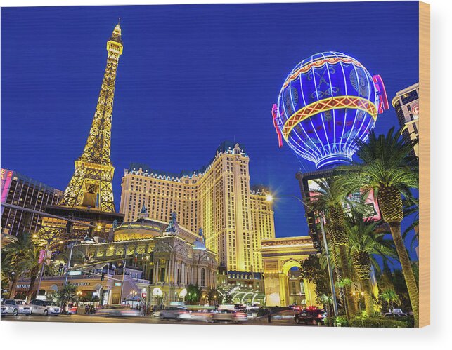 Las Vegas Replica Eiffel Tower Wood Print featuring the photograph Las Vegas, Paris Las Vegas And The by Sylvain Sonnet