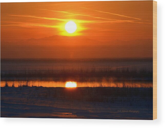 Sunset Golden Frozen Reflected Evening Water Reflection Sun Pond Nature Dusk End Clouds Ice Snow Freeze Steam Wood Print featuring the photograph Last Blast by Dirk Johnson
