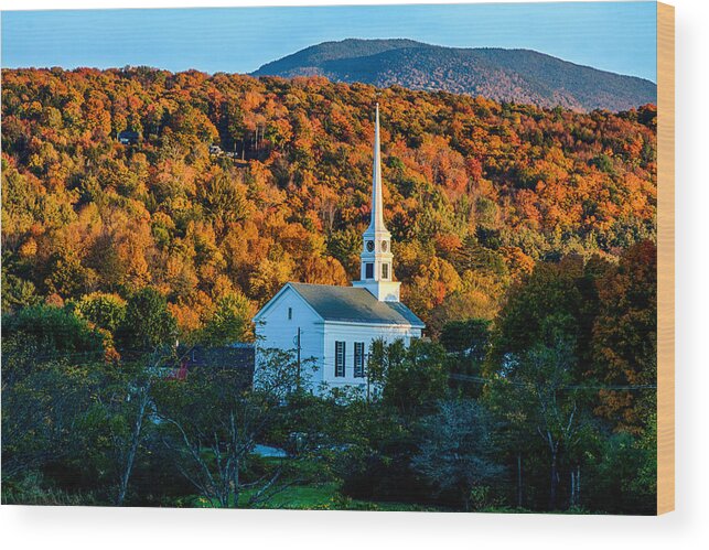 Autumn Foliage New England Wood Print featuring the photograph Last rays of autumn sun on Stowe Church by Jeff Folger