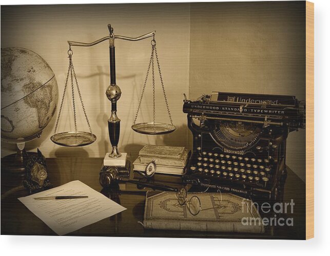 Paul Ward Wood Print featuring the photograph Lawyer - The Lawyer's Desk in black and white by Paul Ward