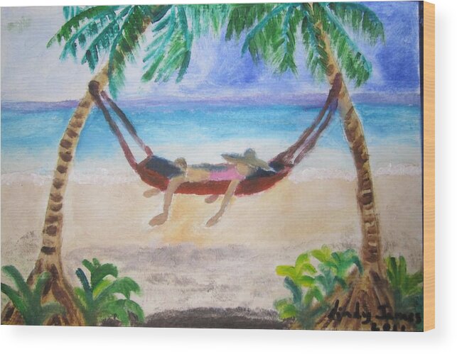 Beach Wood Print featuring the painting Lazy Beach Bum by Jennylynd James