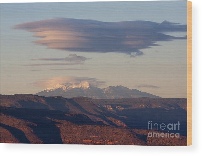 Lenticular Wood Print featuring the photograph Lenticular Cloud hovers over the San Francisco Peaks of Flagstaff Arizona by Ron Chilston