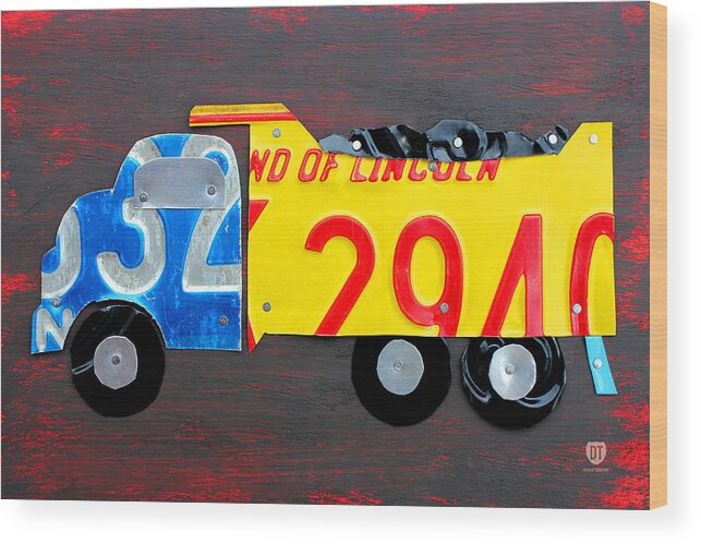 License Plate Art Dump Truck Kids Room Decor Fun Boy Child License Plate Map Wood Print featuring the mixed media License Plate Art Dump Truck by Design Turnpike