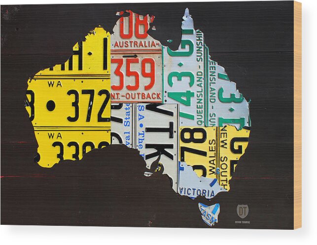 License Wood Print featuring the mixed media License Plate Map of Australia by Design Turnpike