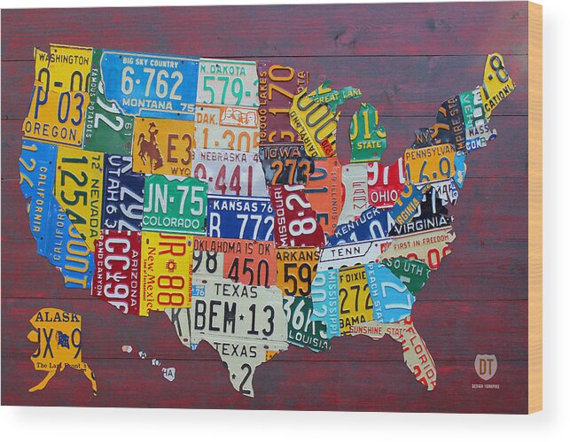 Art Wood Print featuring the mixed media License Plate Map of The United States by Design Turnpike